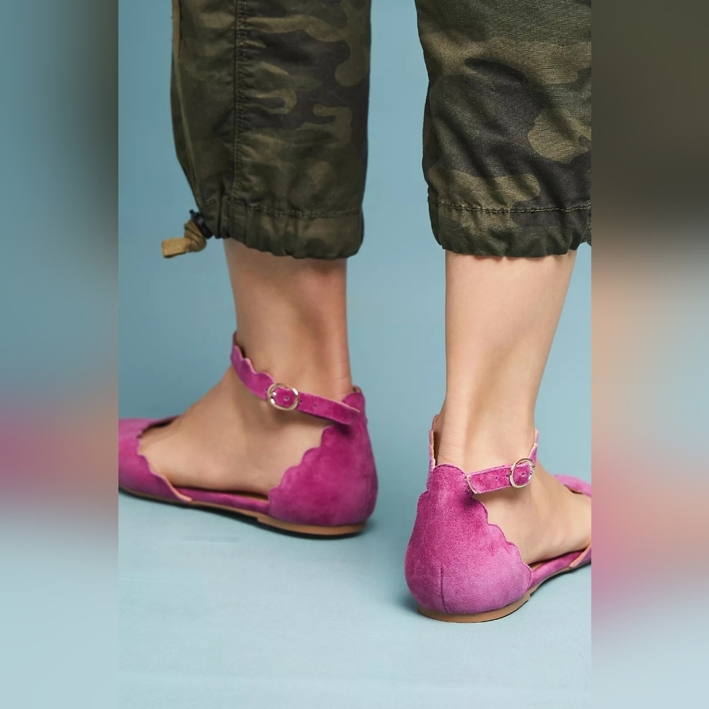 Anthropologie Scalloped D'Orsay Flats Magenta Suede Size 10M - Picture 3 of 7